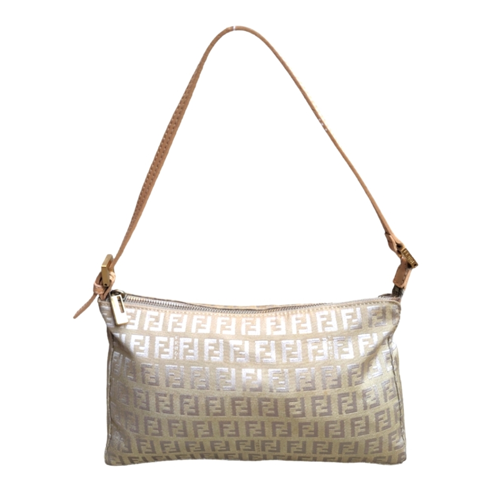 FENDI Baguette FF Beige Metallic Jacquard Canvas Shoulder Bag